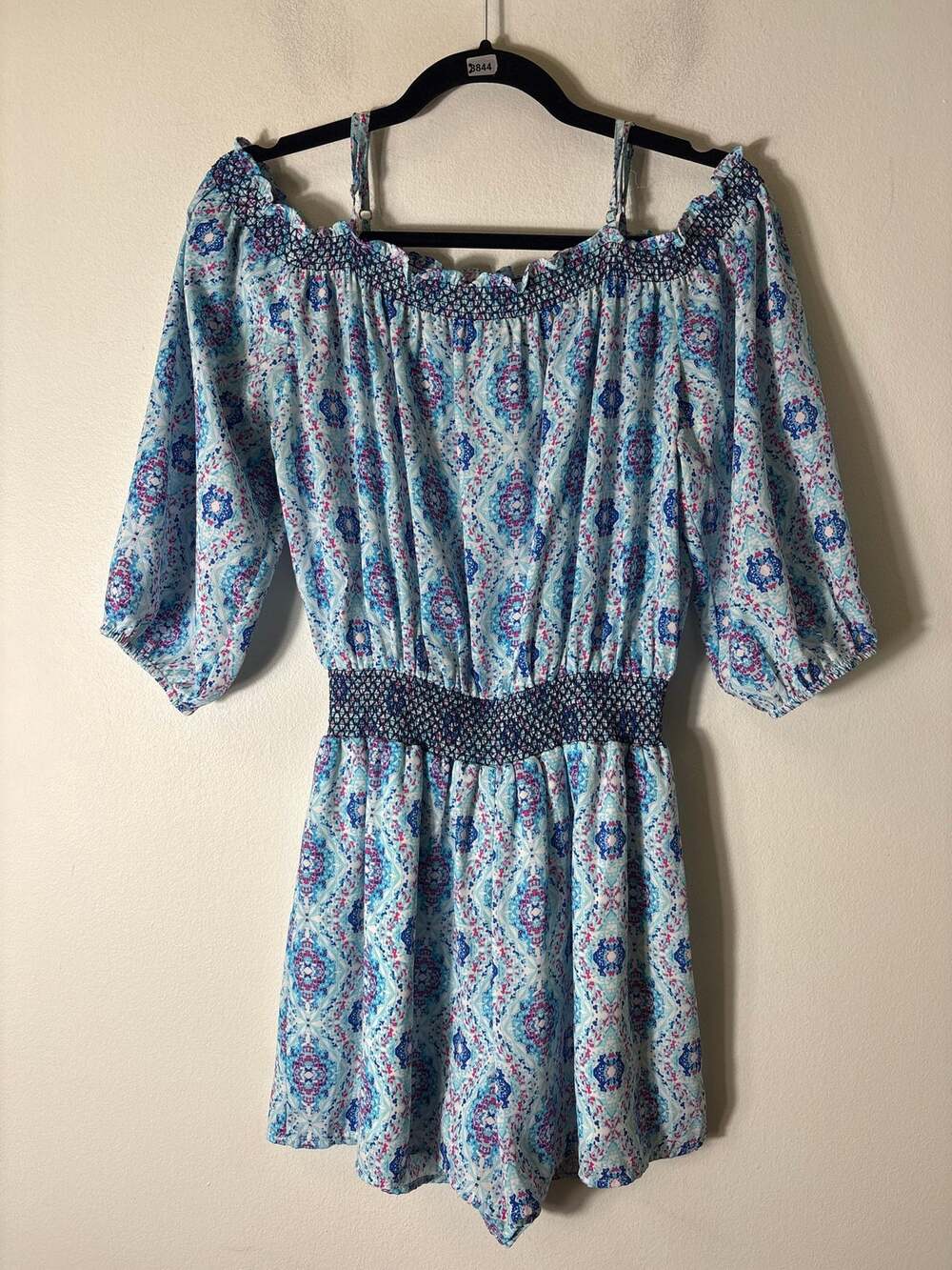 Skies are Blue Blue Cold Shoulder 3/4 Sleeve Smocked Waist Romper Sz XS